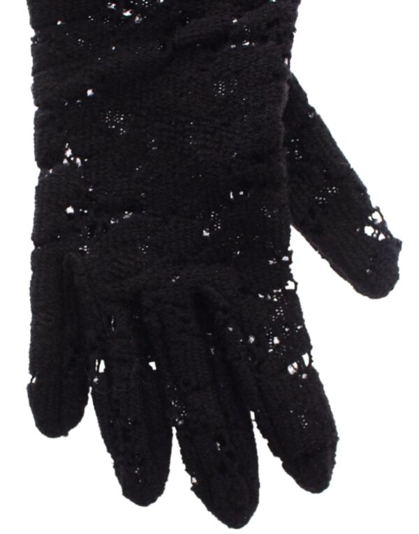 ⁦Dolce & Gabbana Black Wool Lace & Lamb Fur Elbow Gloves⁩ – תמונה ⁦4⁩