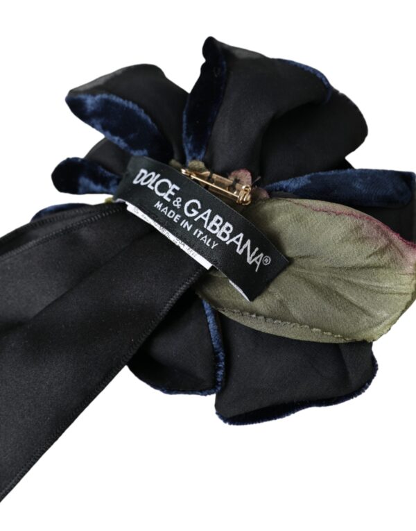 ⁦Dolce & Gabbana Black Silk Gold Brass Floral Hair Pin Brooch⁩ – תמונה ⁦5⁩