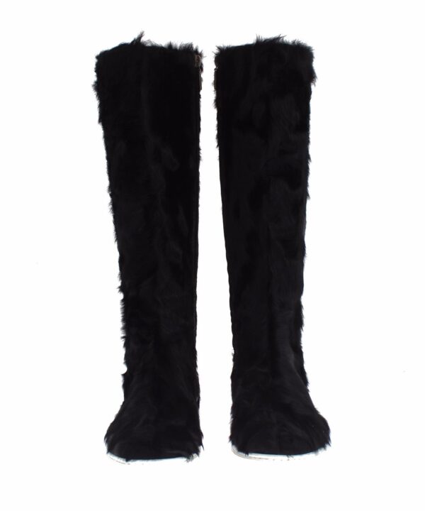 ⁦Dolce & Gabbana Elegant Black Fur Leather Flat Sneaker Boots⁩ – תמונה ⁦2⁩
