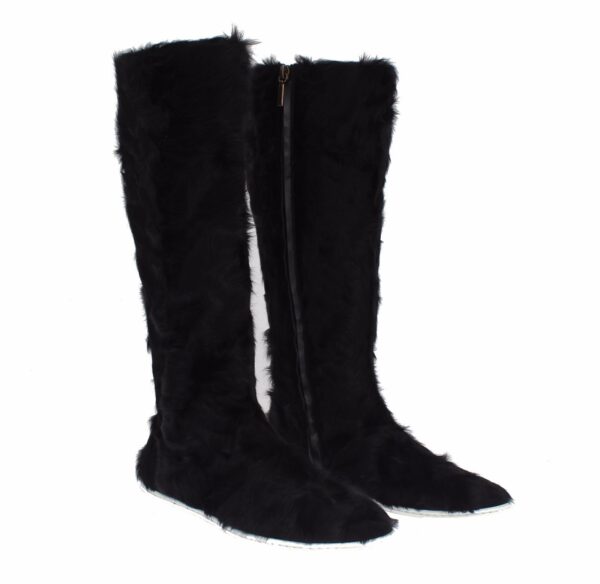 ⁦Dolce & Gabbana Elegant Black Fur Leather Flat Sneaker Boots⁩ – תמונה ⁦3⁩