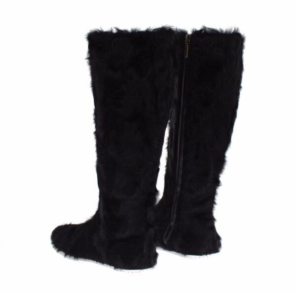 ⁦Dolce & Gabbana Elegant Black Fur Leather Flat Sneaker Boots⁩ – תמונה ⁦4⁩