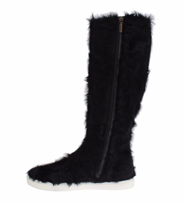 ⁦Dolce & Gabbana Elegant Black Fur Leather Flat Sneaker Boots⁩ – תמונה ⁦5⁩